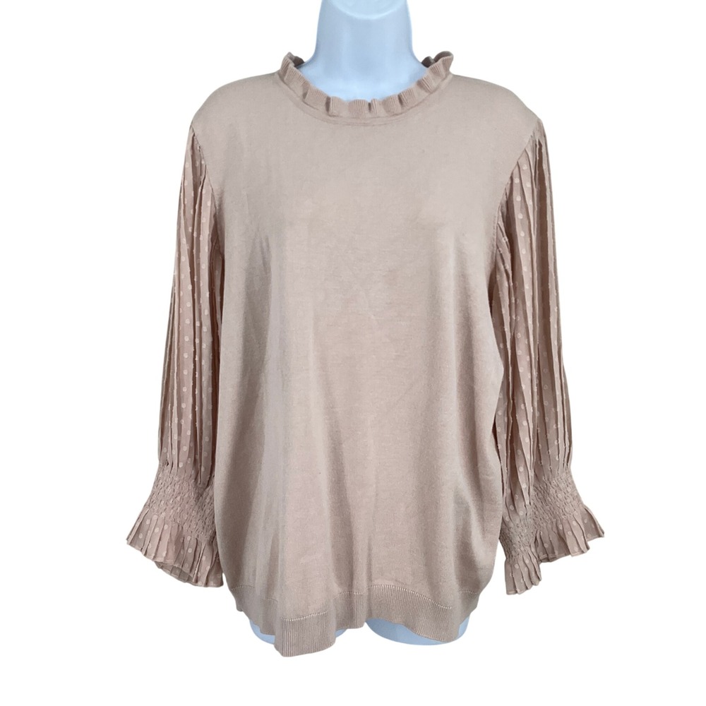 Adrianna Papell Sweater Womens XL Nude‎ Swiss Dot Pleated Balloon Sleeve Airy